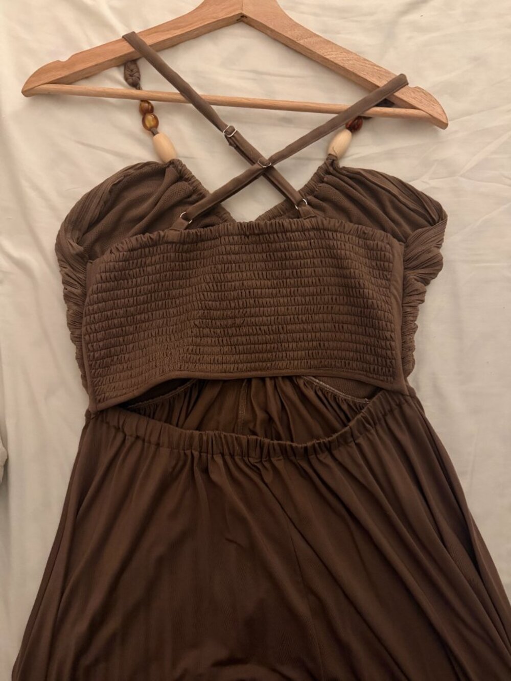 Reiss Eloise dress - Jersey Bead-Detail Ruched Maxi Dress in Taupe Brown sz 8 - Picture 5 of 6